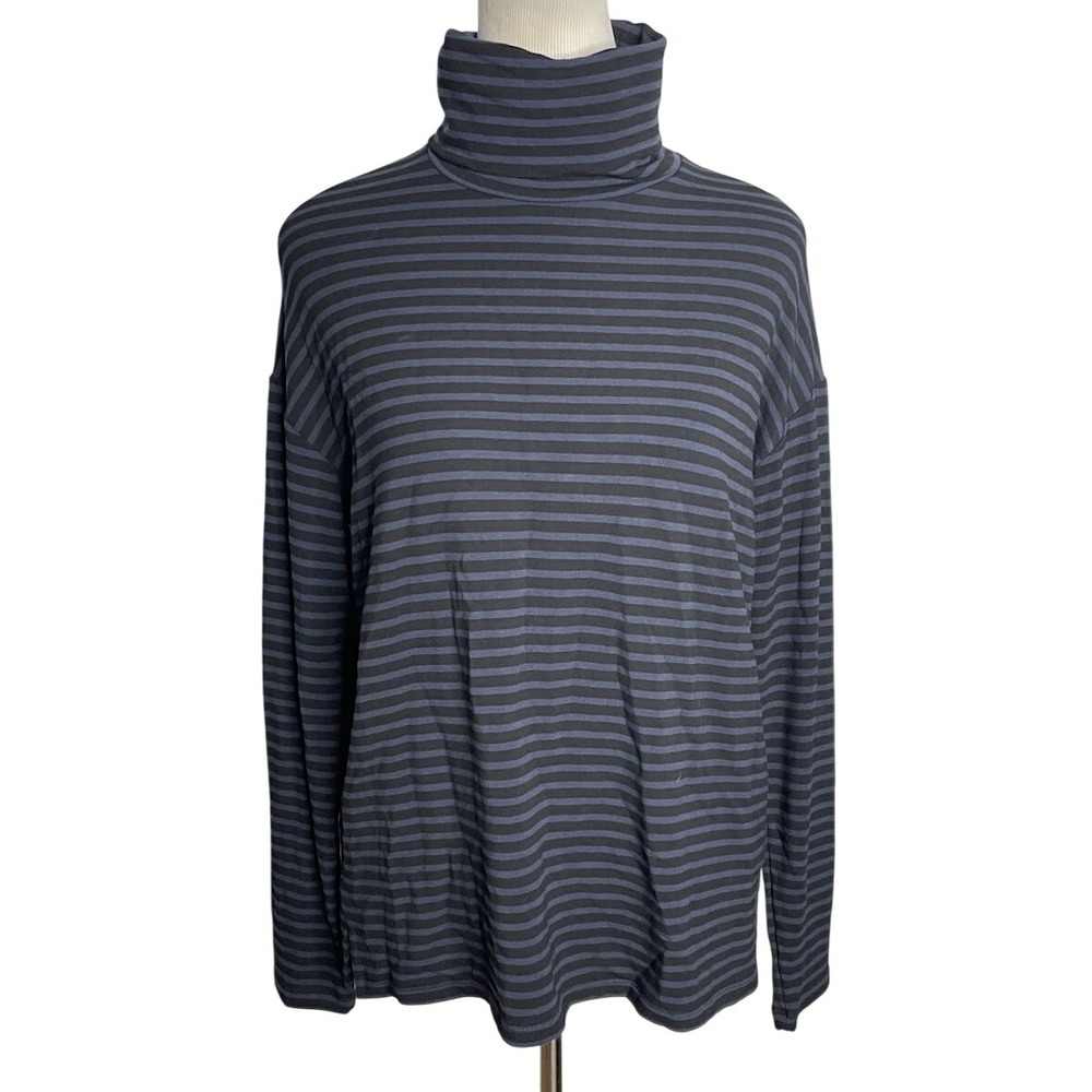 NWT Majestic Filatures Deluxe Teeshirt Blue Black Stripe Turtleneck Top Size 1 S